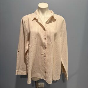 Chico’s No Iron Linen Button-Front Shirt – Size 3.5 (US 18) – Tan & Cream Stripe